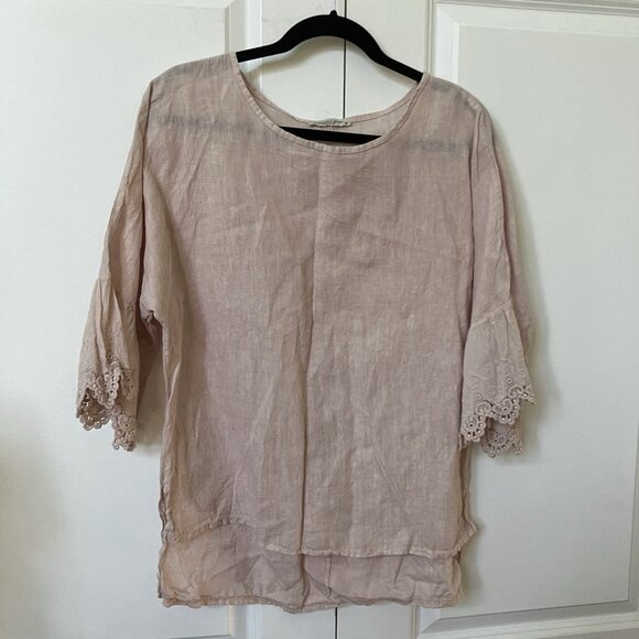 Francesca Bettini Linen Blouse Womens M Pink Eyelet Made in Italy Boho Lagenlook - Picture 1 of 8